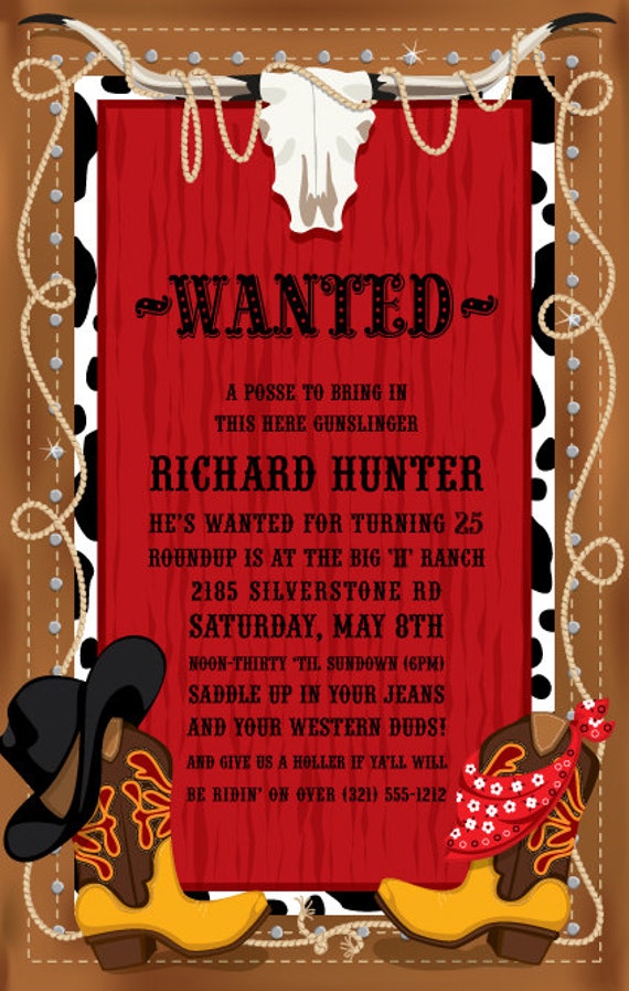 Western Longhorn Invitation, Cowboy, Cowgirl, Couples, Custom Invitation Card, Family Party Invite, Announcement, Original Design ISN1031 Il_570xn
