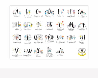 Alfabet poster, print kinderkamer, alfabet print, kraamcadeau, feministische print, feministische kunst, klasposter, cadeau leraar, kinderposter