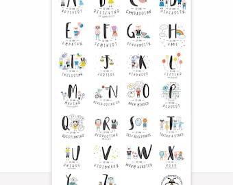 Alfabet poster, print kinderkamer, alfabet print, kraamcadeau, feministische print, feministische kunst, klasposter, cadeau leraar, kinderposter