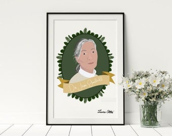 Jane Goodall Portrait Illustrations - first women jane goodall nature earth activist leader art design art wall home comfy