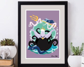 Disney Bösewicht Ursula mit dem Trident, Poster/Print - minimalistisch die kleine Meerjungfrau Ursula Triton Tridentvillan Plakat Kunst Dekor