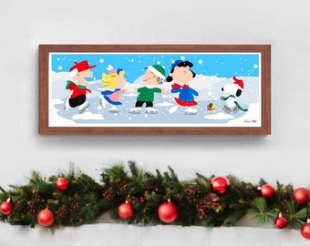 Charlie Brown Peanuts Panoramic Poster/Print - minimalist peanuts snoopy charlie brown ice skating Christmas gift poster art decor