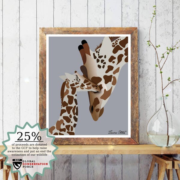 Wildlife Giraffe / Poster Print -  minimalist global conservation force nature giraffe wildlife aid donation art cause baby giraffe mom gift