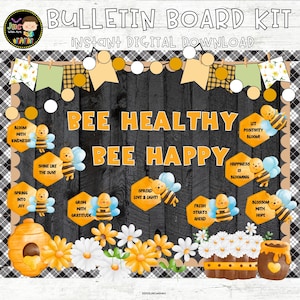 Kit de quadro de avisos de abelhas - Abelha saudável, abelha feliz - Decoração de sala de aula de primavera - Editável para impressão - Download digital instantâneo