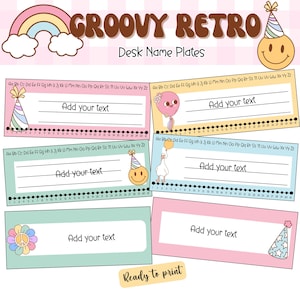 Ediatable Desk Name Plates Groovy Retro Pastel Themed, Name Tags