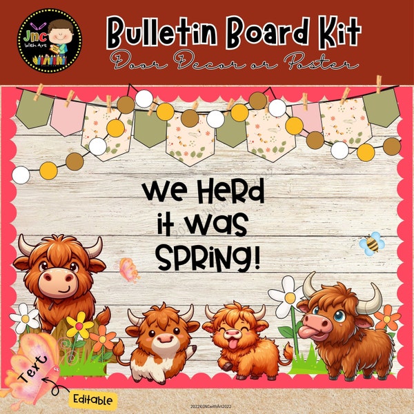 Highland Cow Spring Bulletin Board Kit Classroom Door Decor Editable
