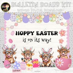 Easter Bulletin Board Kit April Highland Cow Spring Classroom Decor Editable