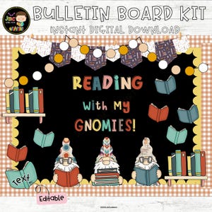 Library Bulletin Board Kit Spring Reading Book Gnomies, Door Decor, Editable