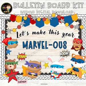 Kit de tablero de anuncios de superhéroes para el regreso a clases, decoración de puerta de aula de bienvenida, editable