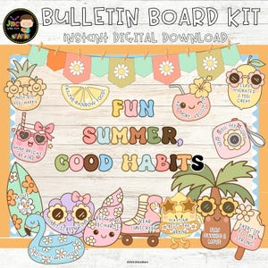 Prikbordset zomer gezonde gewoonten, bulletinboard schoolverpleegster, klasdeurdecor bewerkbaar