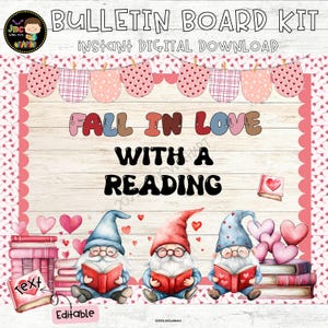 Valentine Library Bulletin Board Kit Gnome Reading Corner Display Decor Editable