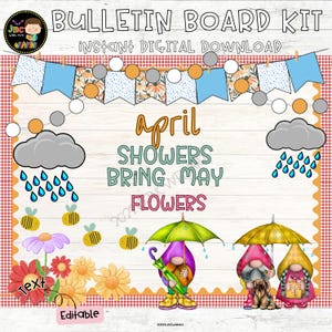 April-May Bulletin Board Kit Rain Day Gnomes Door Decor Spring Flowers Editable
