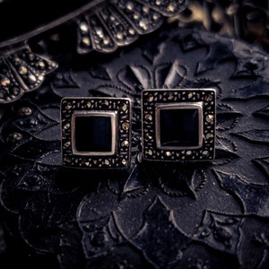Sterling Onyx Marcasite Square Post Earrings 1 cm David Varsano Israel