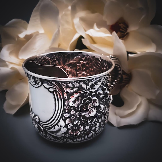 Antique Gorham Sterling Silver Floral Repousse Mug c1890