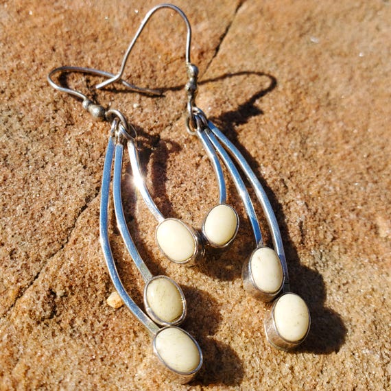 Handmade Solid Silver & White Stone Dangle Drop E… - image 1