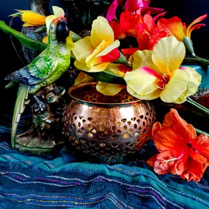 Vintage 4” Pierced Brass Candle Holder Lantern Jar Bowl Gold Color India Tropical Chic