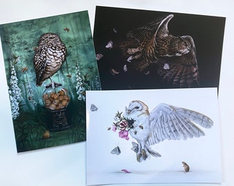 Set of 3 owl cards/ mini prints