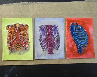 Set di carte collezionabili dell'artista "Vibrant Ribcage Tryptic Original Painting".