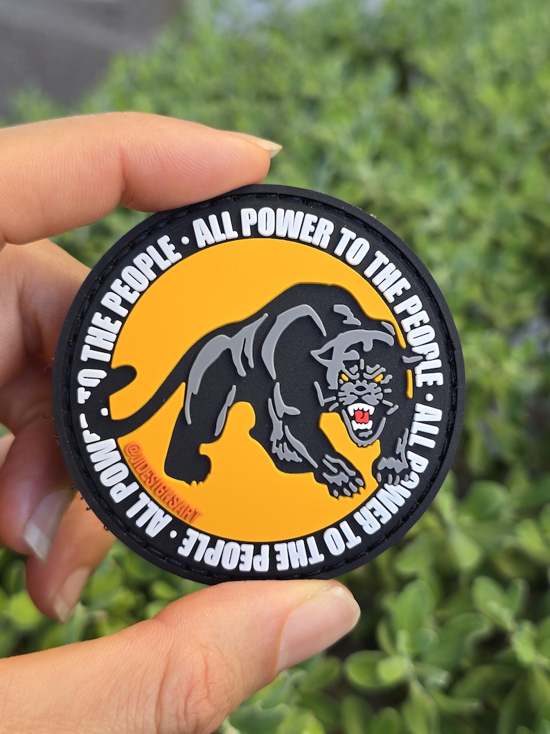 Puede incluir: Parche redondo negro con una ilustraci&oacute;n de pantera negra sobre fondo naranja. El texto blanco "ALL POWER TO THE PEOPLE" rodea el borde. El parche se sostiene en una mano, sobre un fondo verde borroso.