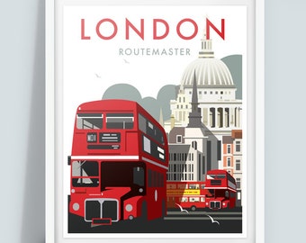 London Routemaster, Travel Poster Print, vintage London poster.