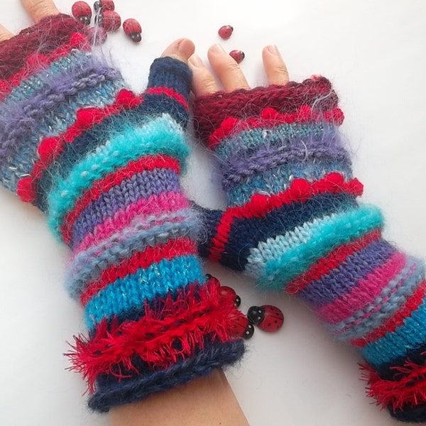 HAND KNITTED GLOVES / Bohemian Fingerless Boho Mittens Women Cabled Romantic Striped Warm Accessories Feminine Wrist Warmers Winter Arm 1076