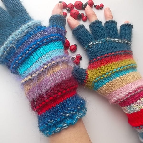 Women Size L 20% OFF Ready To Ship Half Fingers OOAK Mittens Cabled Multicolor Gloves Hand Knitted Warm Accessories Boho Warmers Winter 1254