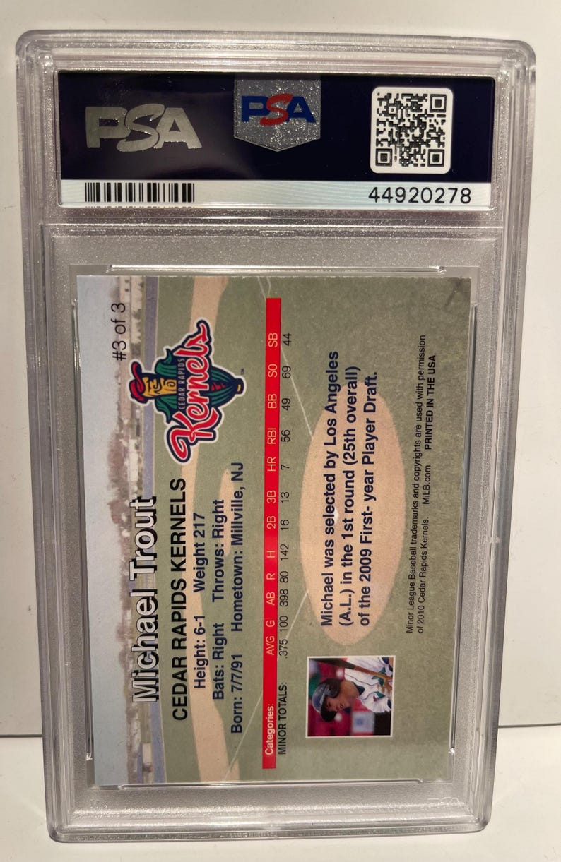 2010 Cedar Rapids Kernels Rising Alumni Mike Trout #3 PSA 10 Rookie Card Graded Encased image 2