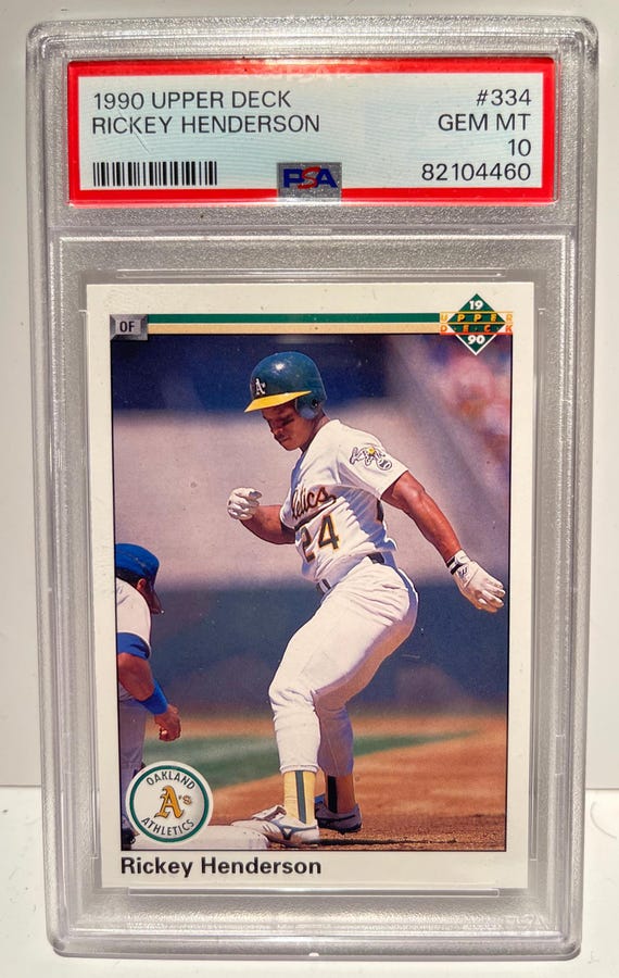 rare 1990 upper deck baseball cards 1990 Upper Deck Rickey Henderson #334 Gem Mint PSA 10 - Encased  Authenticated Graded! HOF