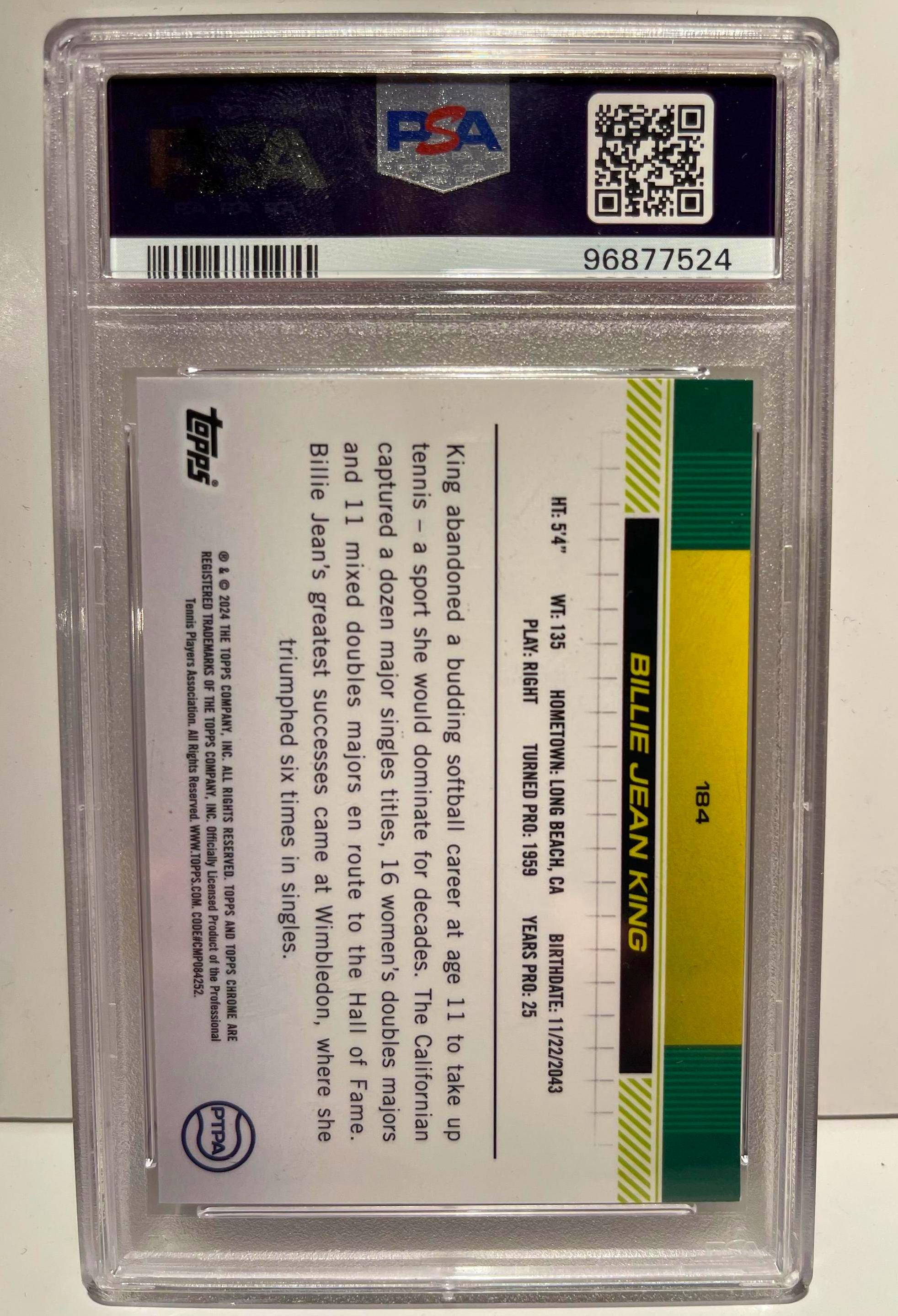 Billie Jean King 2024 Topps Chrome #184 Pineapple Refractor PSA 9