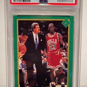 1991 Tuff Stuff Jr Phil Jackson w/ Michael Jordan Hand Cut #21 Bulls PSA 9 Mint! Encased Graded HOF