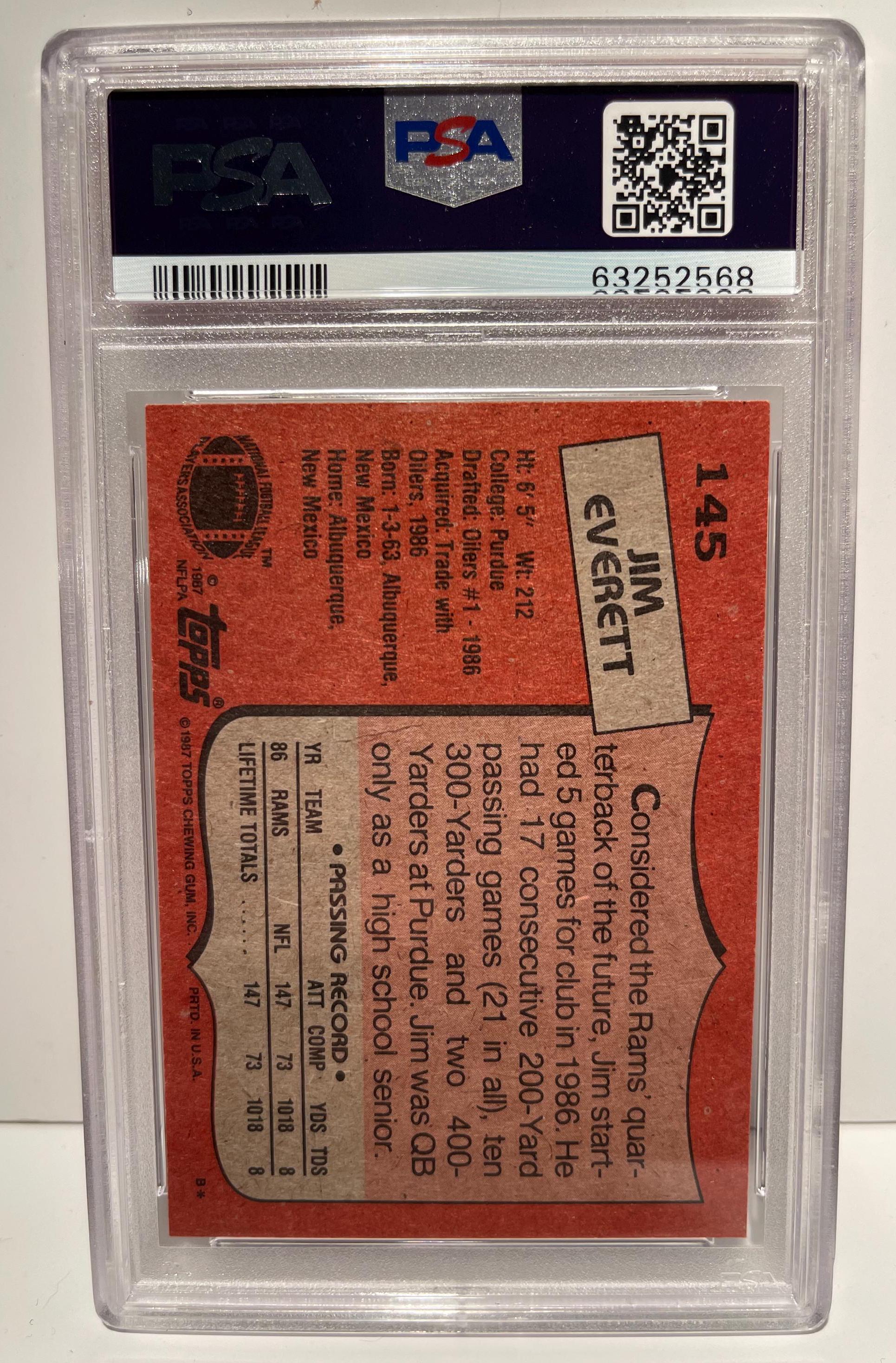 Jim Everett 1987 Topps Rookie Card Graded and Autograph PSA 10 Gem