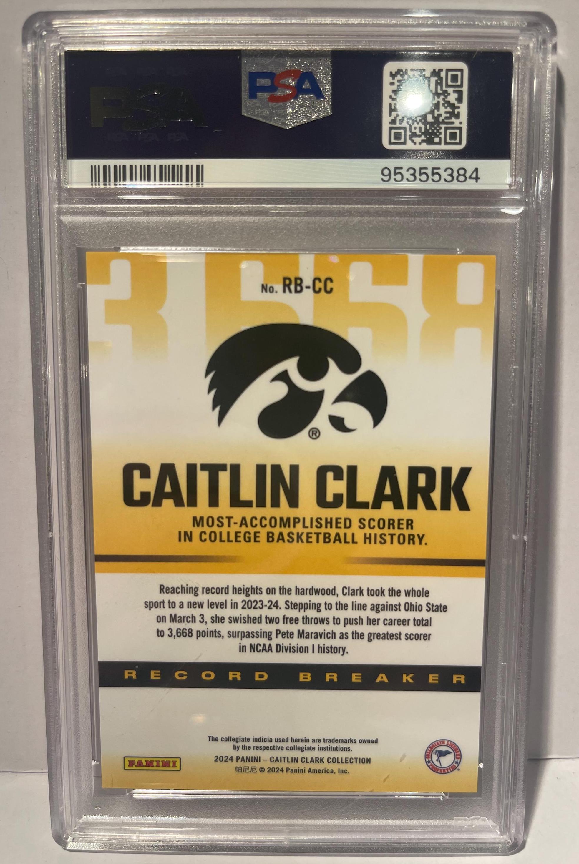 Caitlin Clark 2024 Panini Collection Record Breaker #RBCC RC Iowa PSA 9 MINT