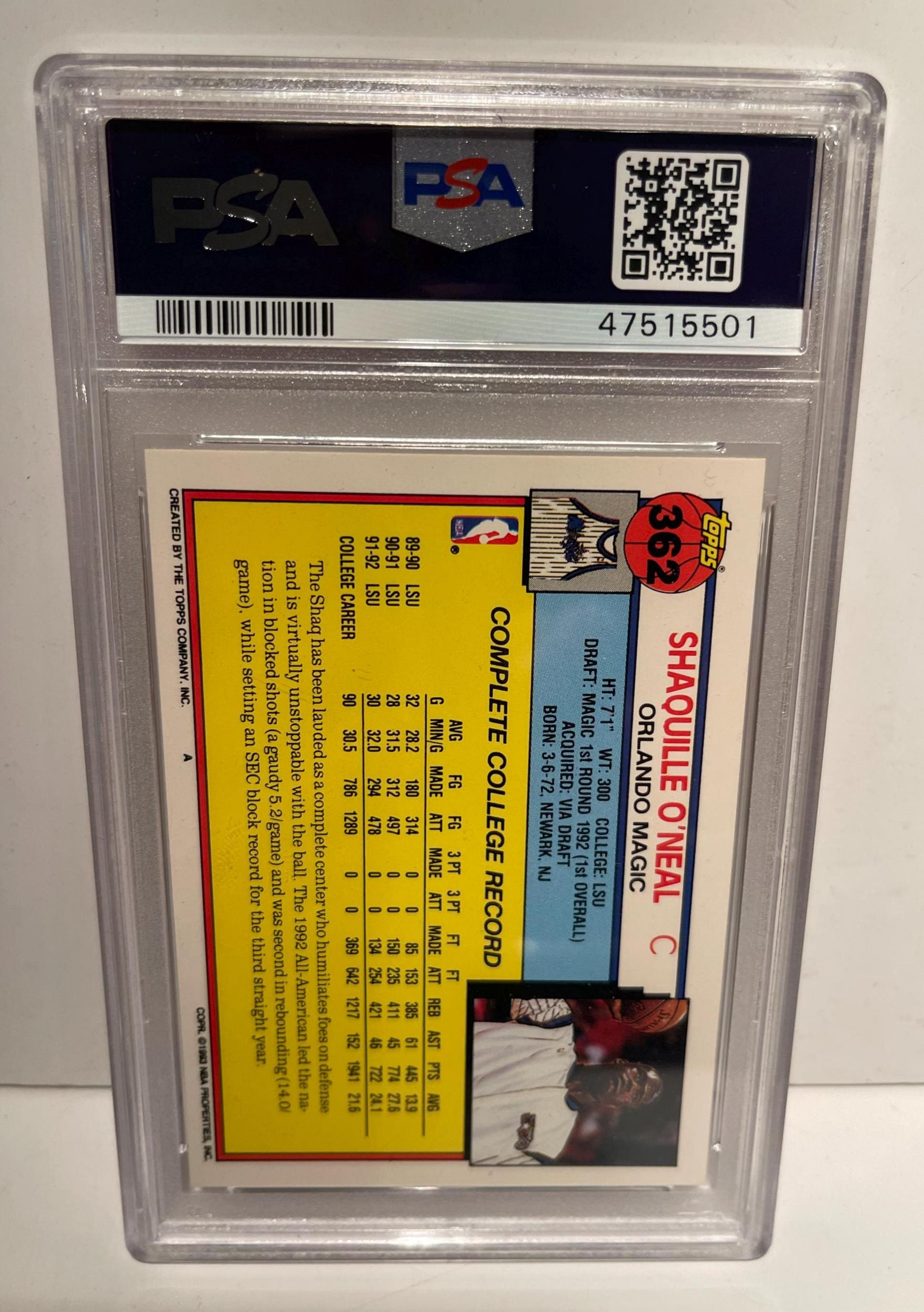 Shaquille O'neal Rookie Card 1992 Topps Gem Mint PSA 10 Gem Mint