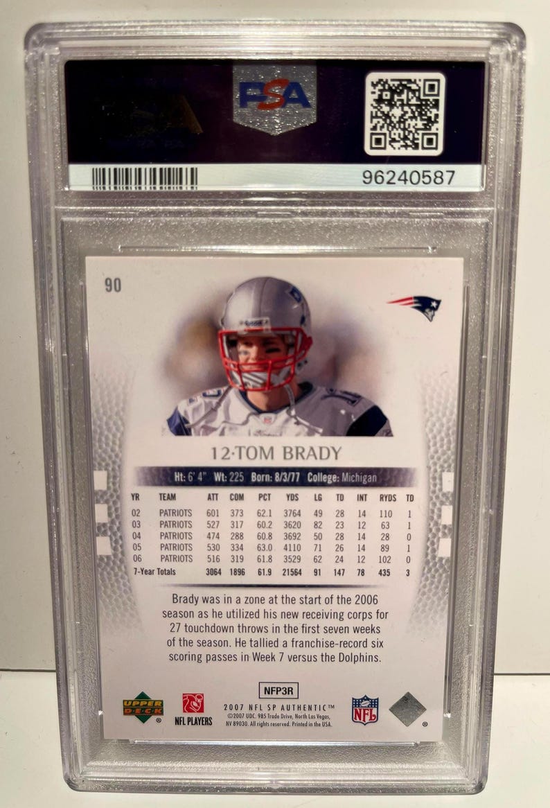 2007 SP Authentic #90 Tom Brady PSA 8 Graded Encased -- New England Patriots image 2