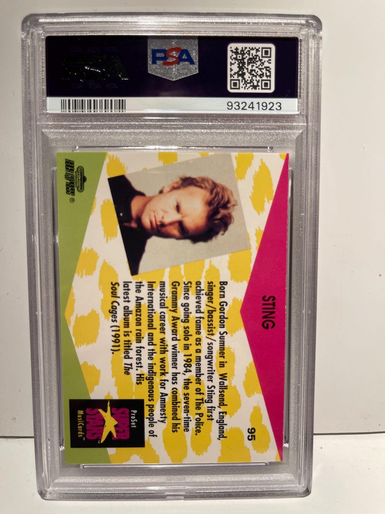 Cartão musical Proset Superstars de 1991, número 95, Sting "The Police", classificado como PSA 9, em estojo. imagem 2