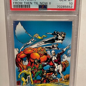 May include: A 1992 Wolverine Alpha Flight From Then 'Til Now II trading card, graded PSA Gem Mt 10, featuring a colorful comic book illustration of various superheroes in action against a blue sky and landscape background.