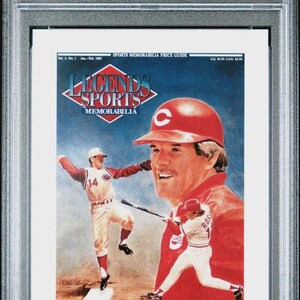 Può includere: Una carta sportiva valutata con Pete Rose. La carta è racchiusa in un supporto protettivo e mostra un'immagine colorata di Rose in uniforme da baseball, insieme al testo "LEGENDS SPORTS" e "MEMORABILIA". La carta è valutata GEM MT 10.