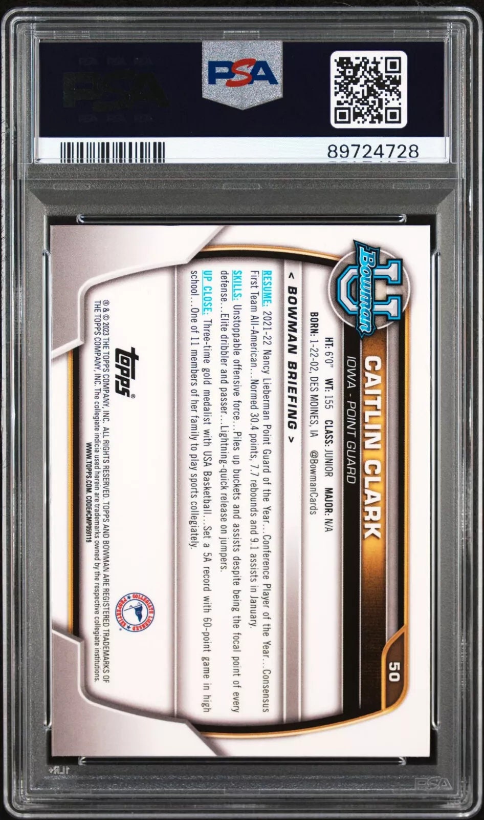2022 Bowman University Chrome Caitlin Clark 50 Pink Refractor 