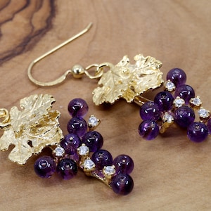 Amethyst Grape Cluster Dangle Earrings for her made in 14kt. Gold Vermeil with Natural Dark Purple Amethyst Gemstones and Cubic Zirconias