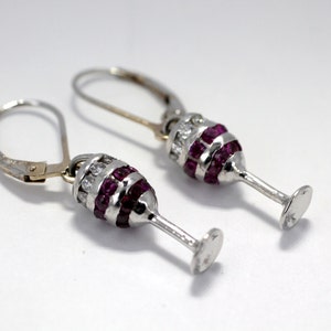 Wine Lover Gift,Wine Jewelry, Wine Glass Earrings, 14kt. White  Gold Red Wine Glass Dangle Earrings with Diamonds and Rubies, Gift mom Gift