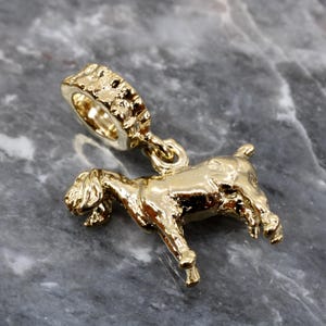 Puede incluir: Un charm dorado con forma de cabra. El charm tiene un anillo texturizado en la parte superior para la fijación y está detallado con las características de la cabra. El charm es probablemente de metal y se muestra sobre una superficie gris.