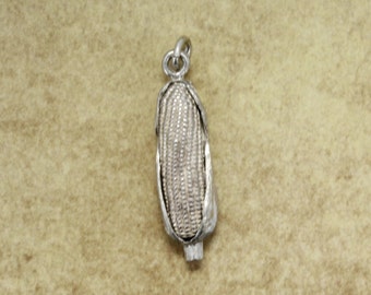 Sterling Silver Corn Cob Charm: Hand Carved 3D Pendant