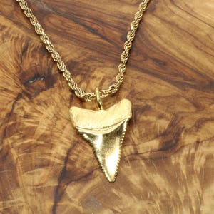 May include: A gold-colored necklace featuring a pendant shaped like a shark tooth. The pendant is suspended from a rope chain. The necklace is displayed on a wooden surface.