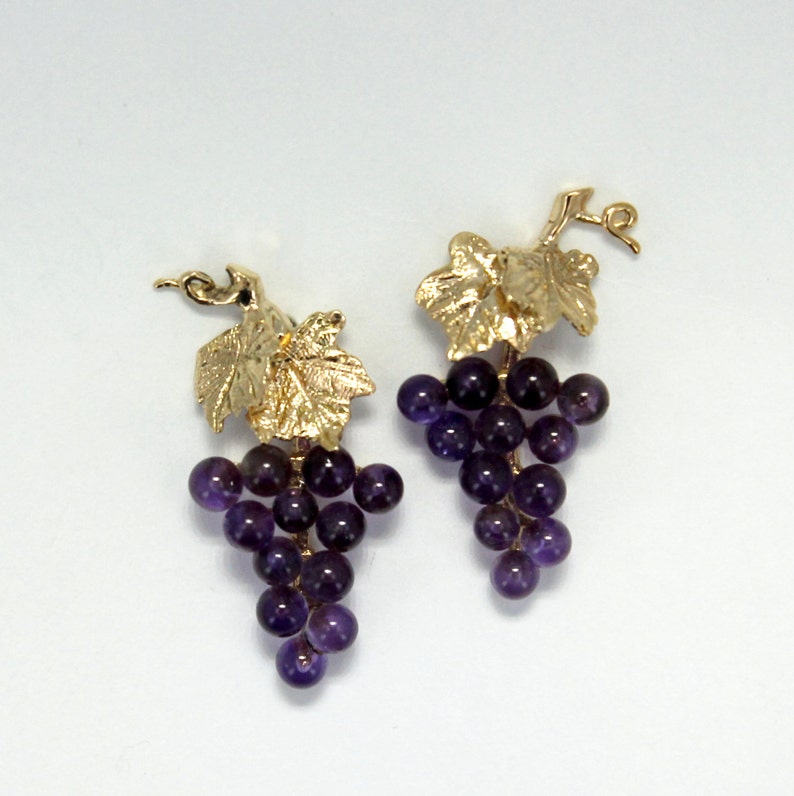 Grape Earrings Jewelry Gift for Her Small Two Leaf 14kt. Gold Etsy