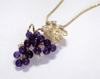 Purple Amethyst Grape Cluster Necklace, 14kt. gold Grape Cluster Necklace with Amethyst and Diamonds, Gift mom Gift, Wine Lover gift for her