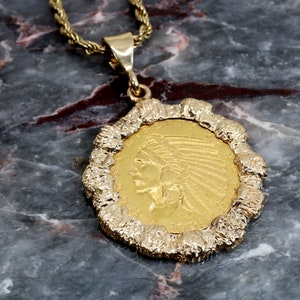 Gold Coin Necklace for man or woman.  1909 Indian Head five 5 dollar gold piece coin necklace, Coin collector collection, Antique coin