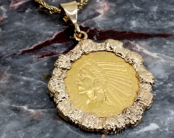 1909 Indian Head Gold Coin Necklace: 14kt Yellow Gold Bezel.   Dates vary