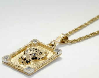 Jaguar Necklace for by or woman, Jaguar in Frame Necklace in 14kt Yellow  Gold on 18"  Rope chain.