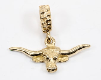 Charm deslizante de oro de 14 quilates con forma de cuerno de toro de Texas: Charm con cabeza de toro, compatible con Pandora.