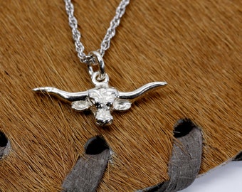 Silver Longhorn Head Necklace for her, Small Size Texas Longhorn Logo Necklace, Gift for Texas Football Fan, Steers Logo for girl or boy